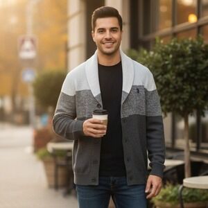 U.S. Polo Assn Cardigan Sweater Mens Sz‎ Small Shawl Collar Iron Htr Small NWT